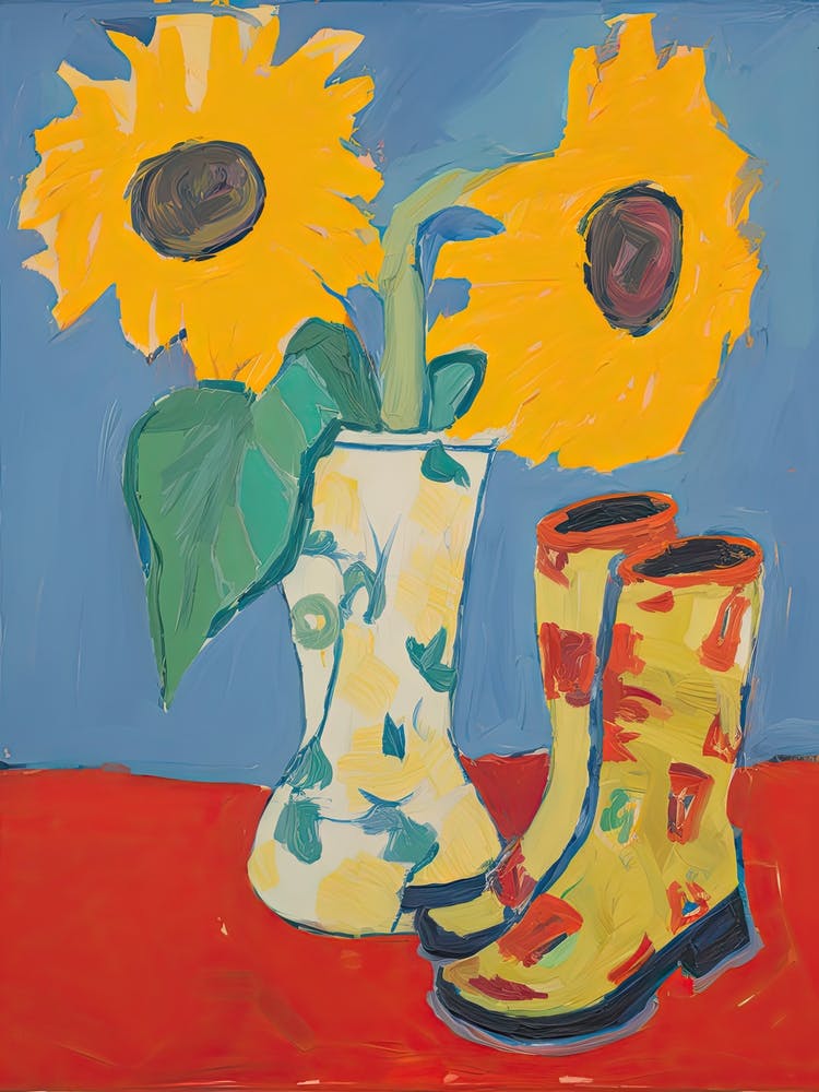 A Painting Of Cowboy Boots With Sunflower Flowers, Pop Art Style 2