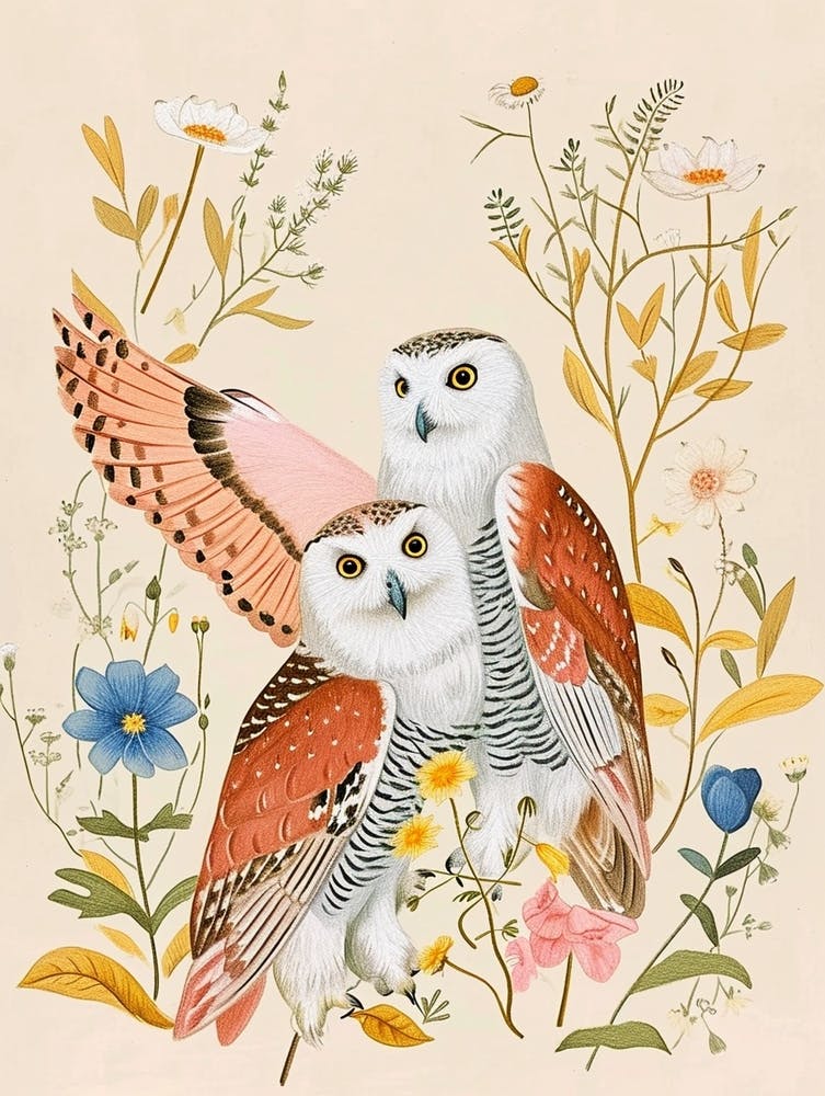 Folksy Floral Animal Drawing Snowy Owl