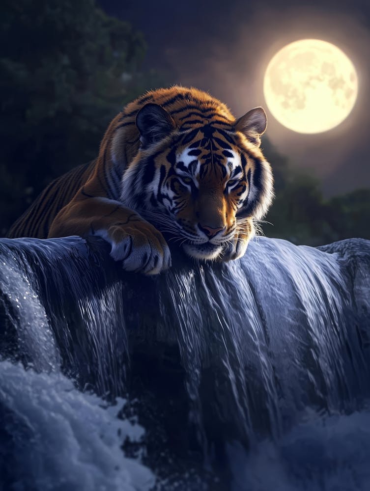 Tiger By The Waterfall. Generated AI.