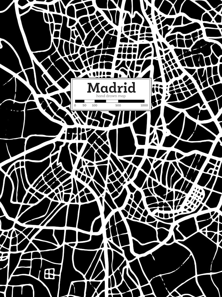 Madrid City Map, Spain — Hand-drawn map, vector black map