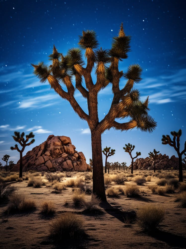 Photograph Of A Joshua Trees At Night  In A Sandy Desert 2