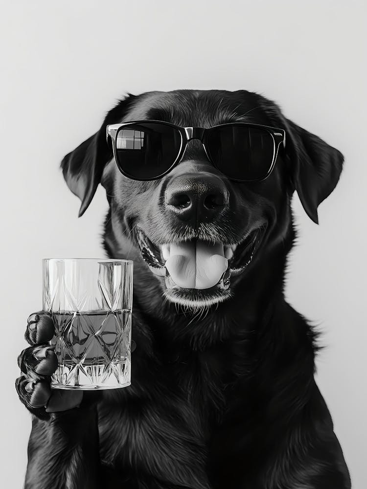 Black Labrador Drinking Whiskey Wall Art, Bourbon Glass, Black And White Print, Funny Dog Poster, Bar Cart Print, Kitchen Wall Decor