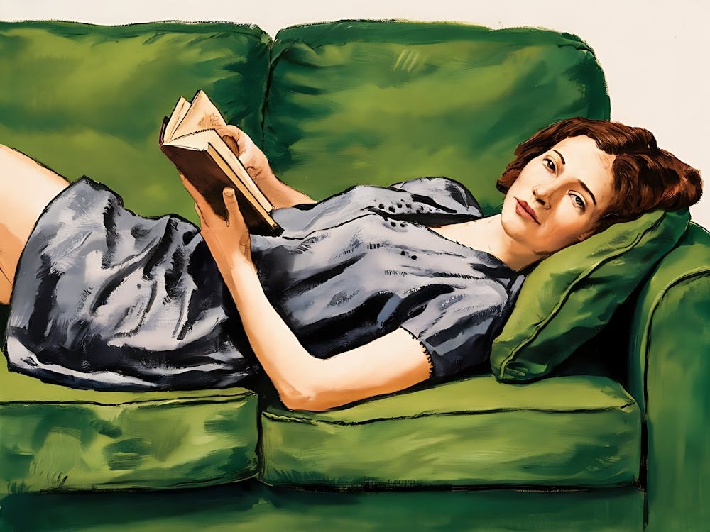 A Woman Lying On A Couch, Reading A Book