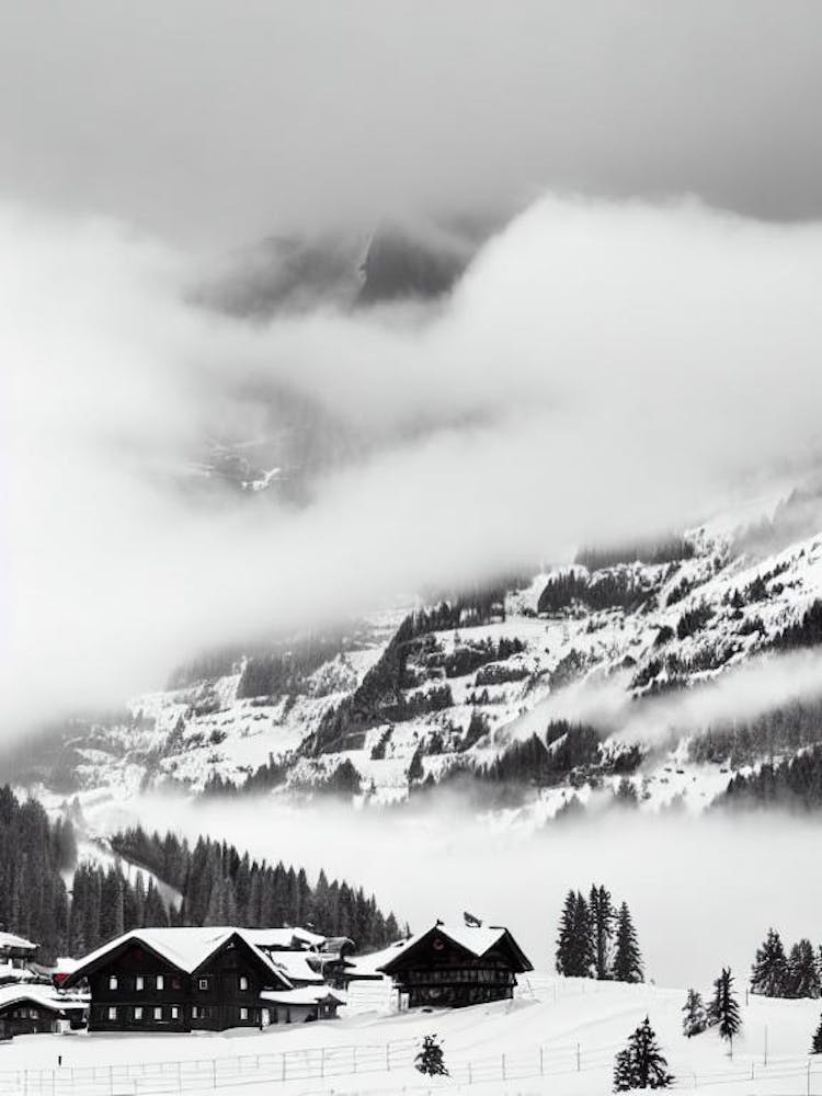Wengen, Switzerland Black And White Skiing Poster