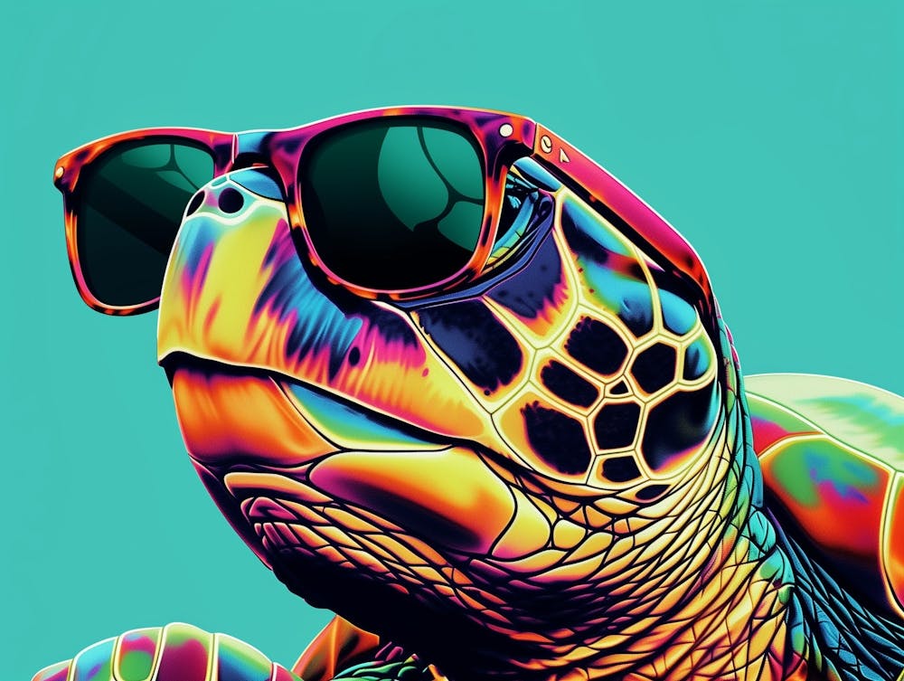 Illustration des mehrfarbigen Schildkrötengesichts mit Sonnenbrille vor einem einfarbigen Aqua-Hintergrund