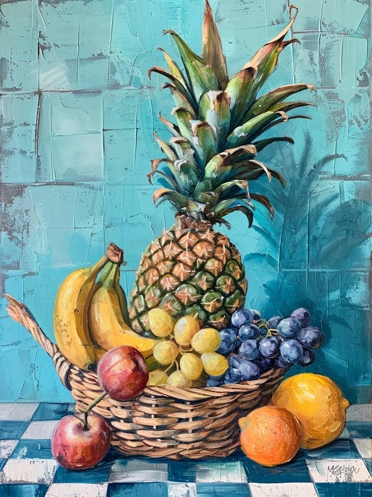 Tropical Fruit Basket Blue Checkerboard 2
