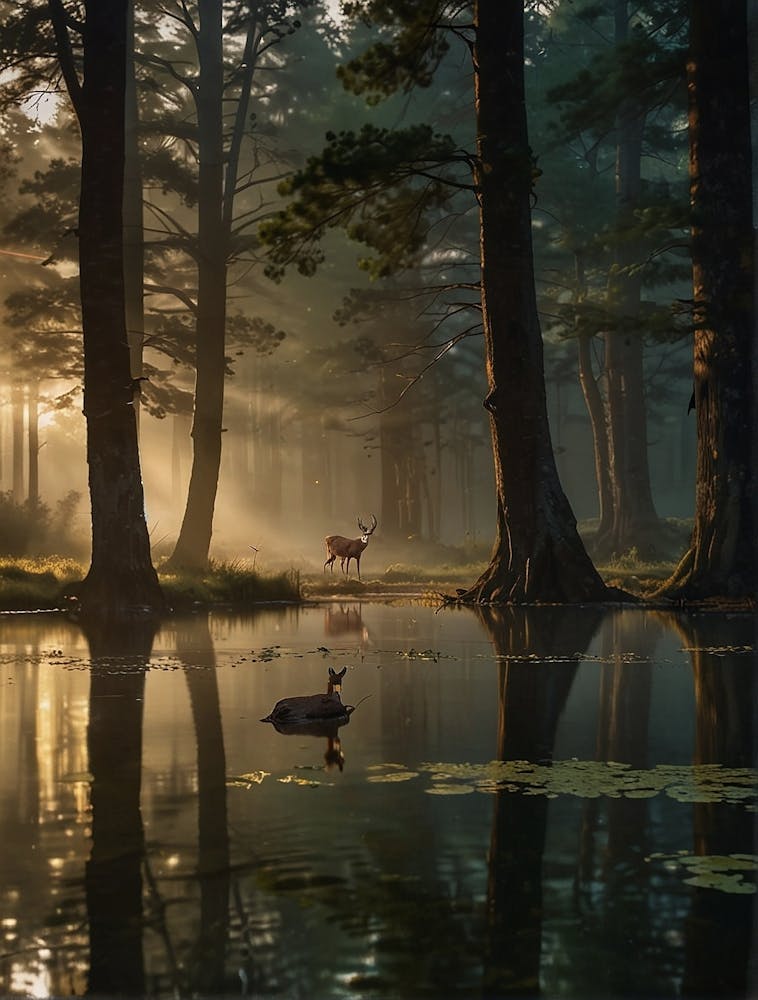 Stunning Panting of Majestic Deer Standing In The Serene Forest pond
