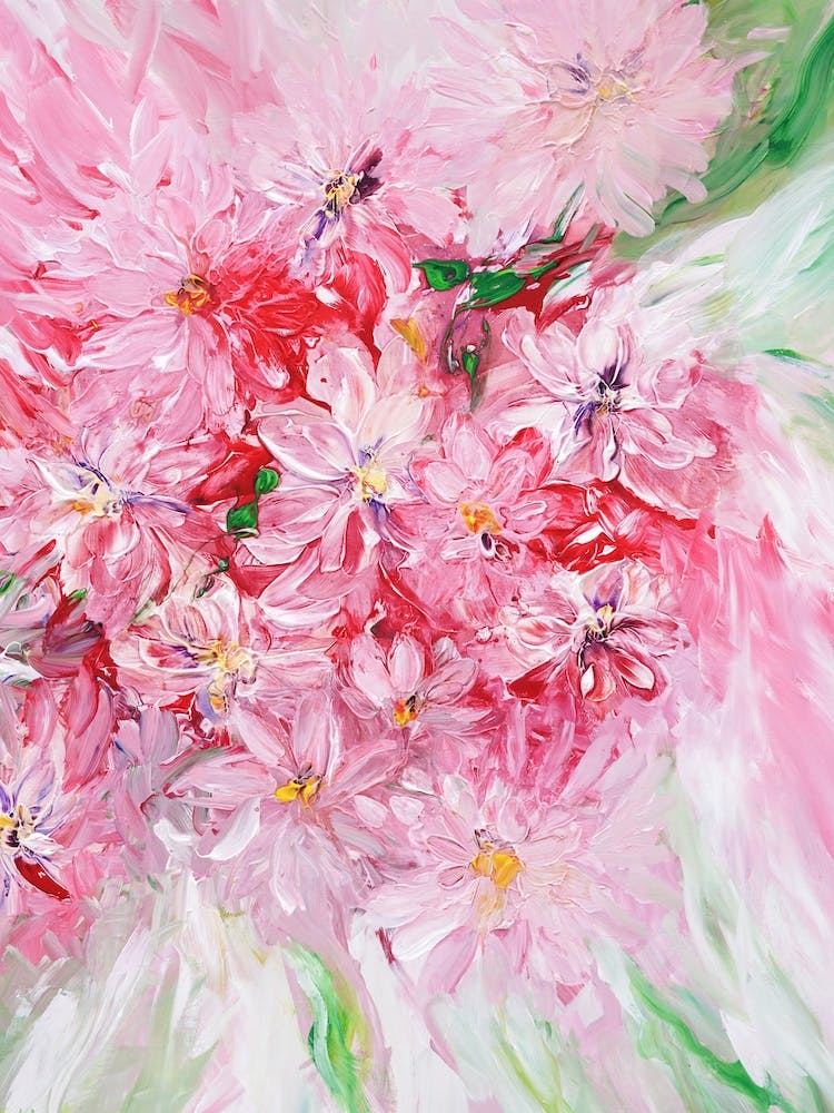Peinture de fleurs roses, rouges et vertes