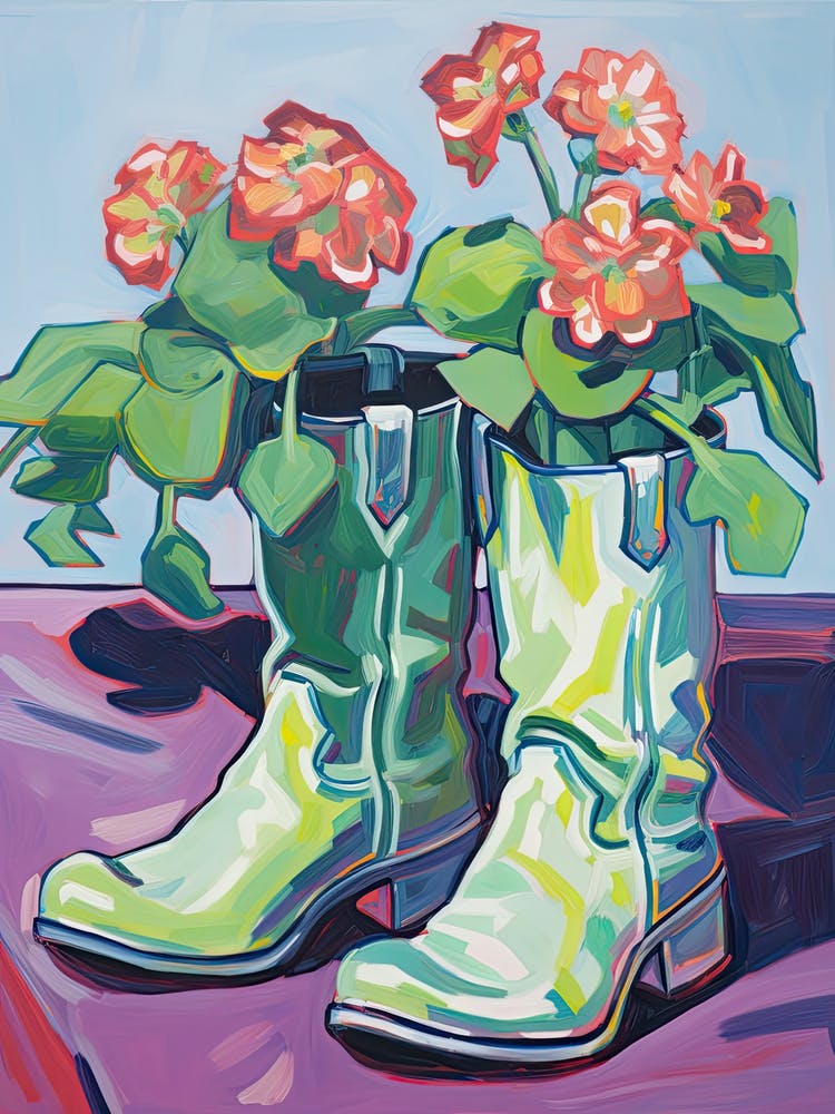 A Painting Of Cowboy Boots With Red Flowers, Fauvist Style, Still Life 3