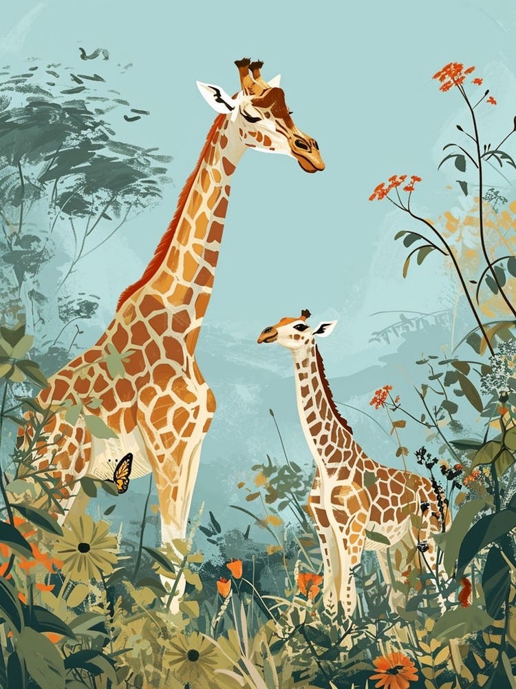Mother Giraffe & Calf Colourful Illustration 1