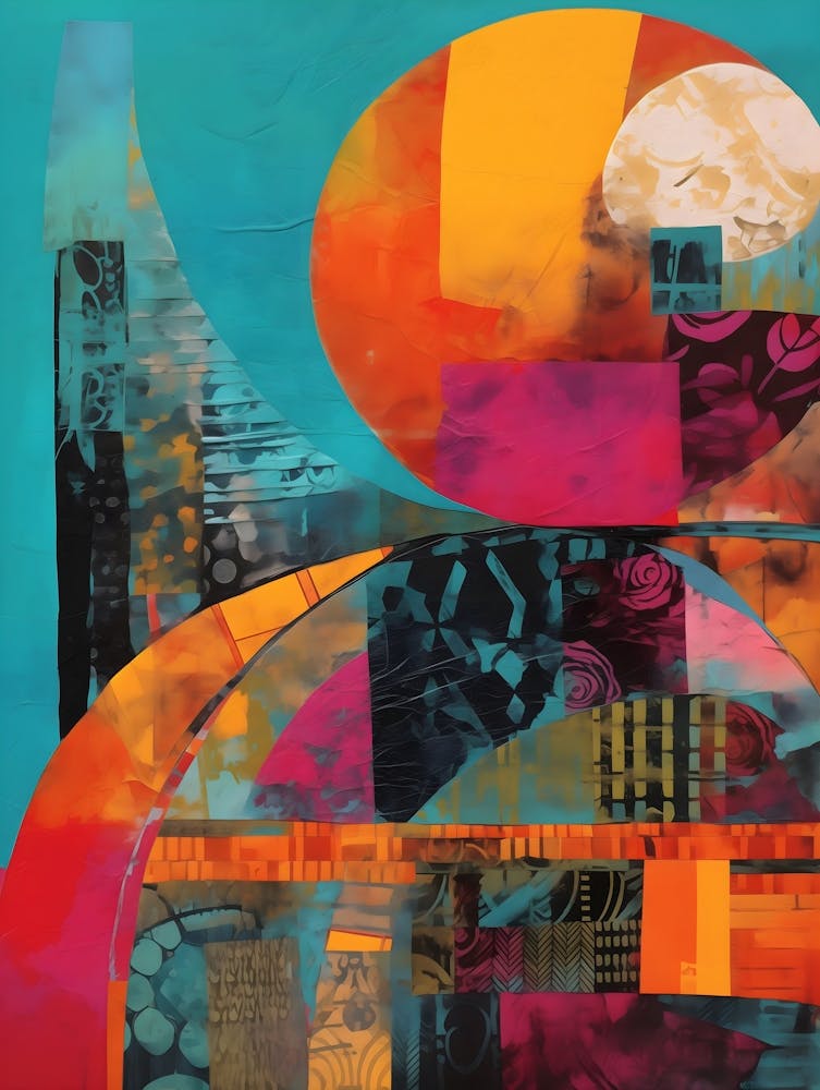 Geometric Abstract Collage In Pantone Monoprint Splashed Colors