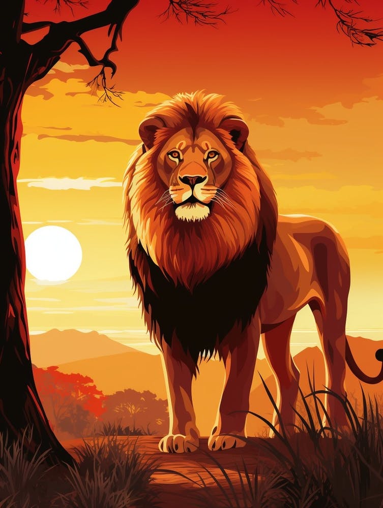 Peinture Lion Africain Coucher de Soleil 4