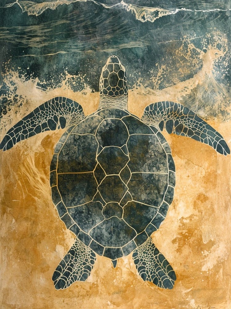 Sea Turtle & The Waves Vintage Illustration 3