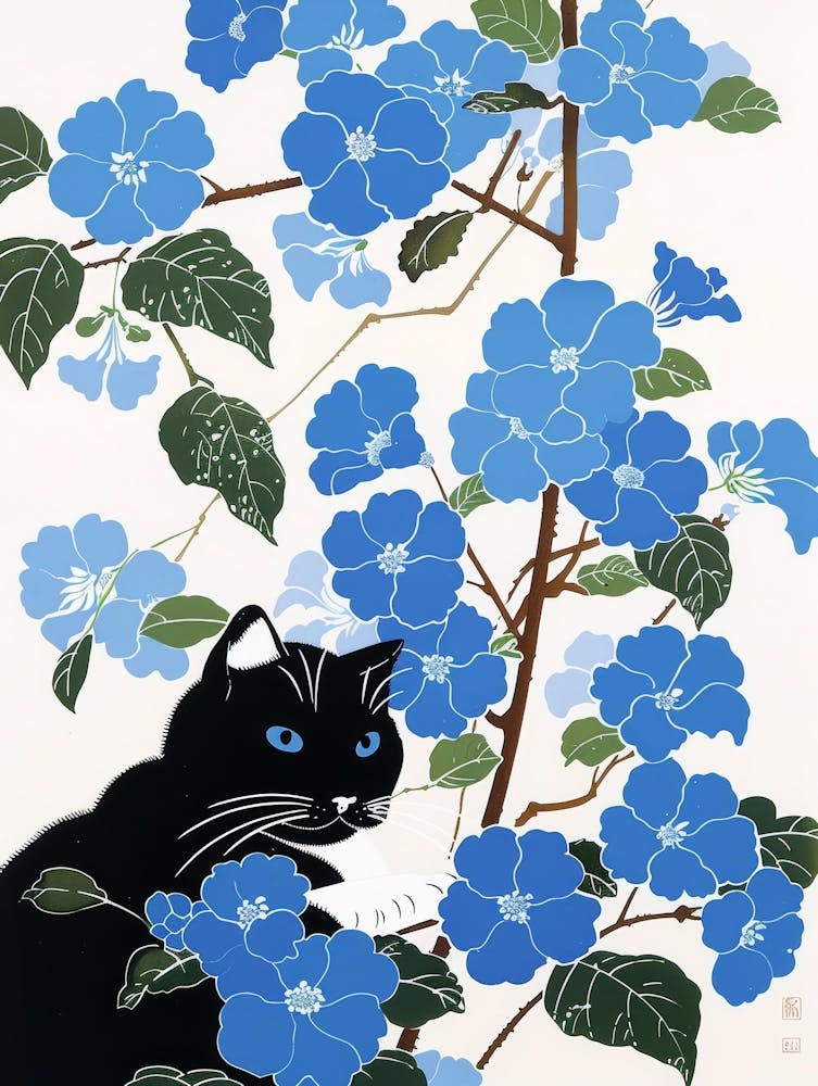 Cat In Blue Flowers