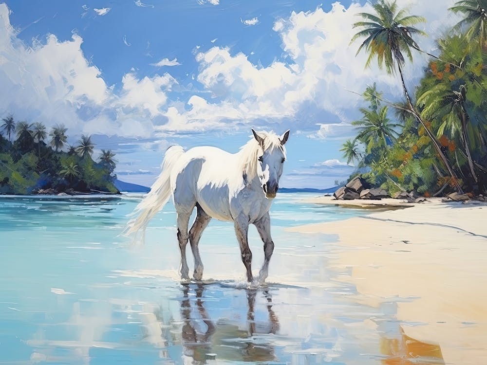 A Horse Oil Painting In Matira Beach, Bora Bora, Landscape 3