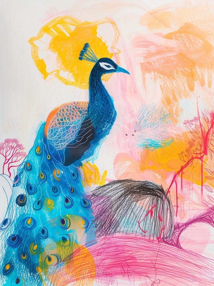 Peacock Colourful Crayon Sketch