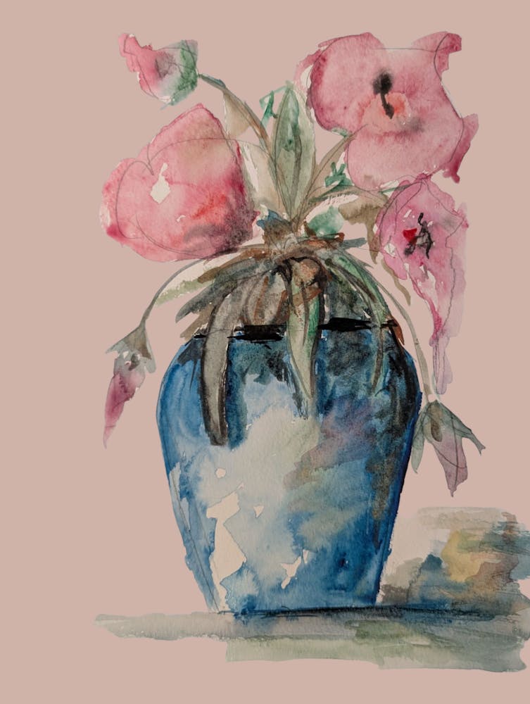 Pink Flowers in a vase illustration watercolour