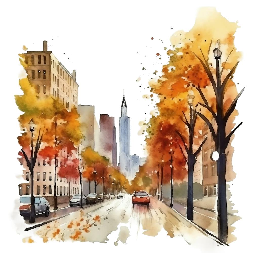 Watercolor Autumn Street 4