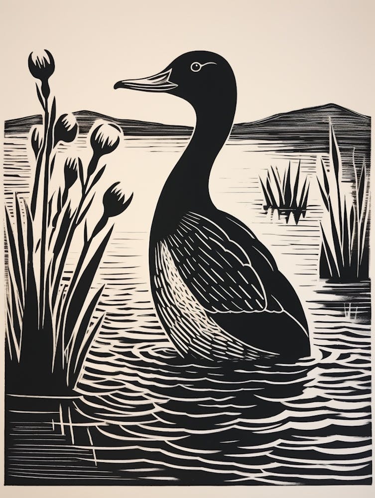 B&W Bird Linocut Canvasback 3
