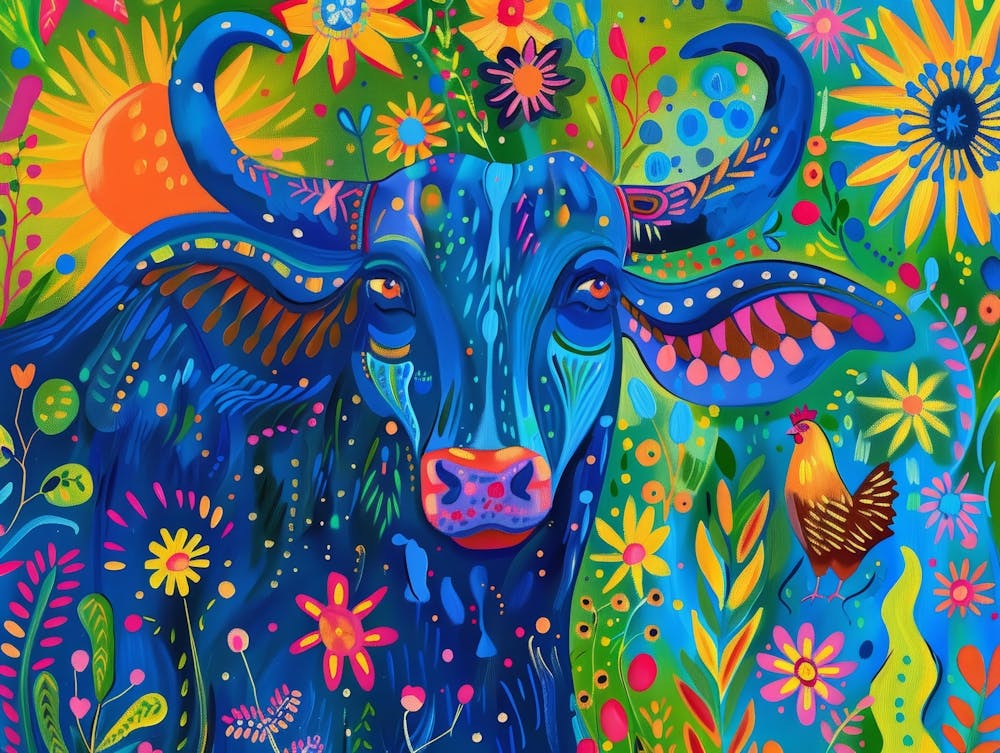 Blue Cow With Flowers