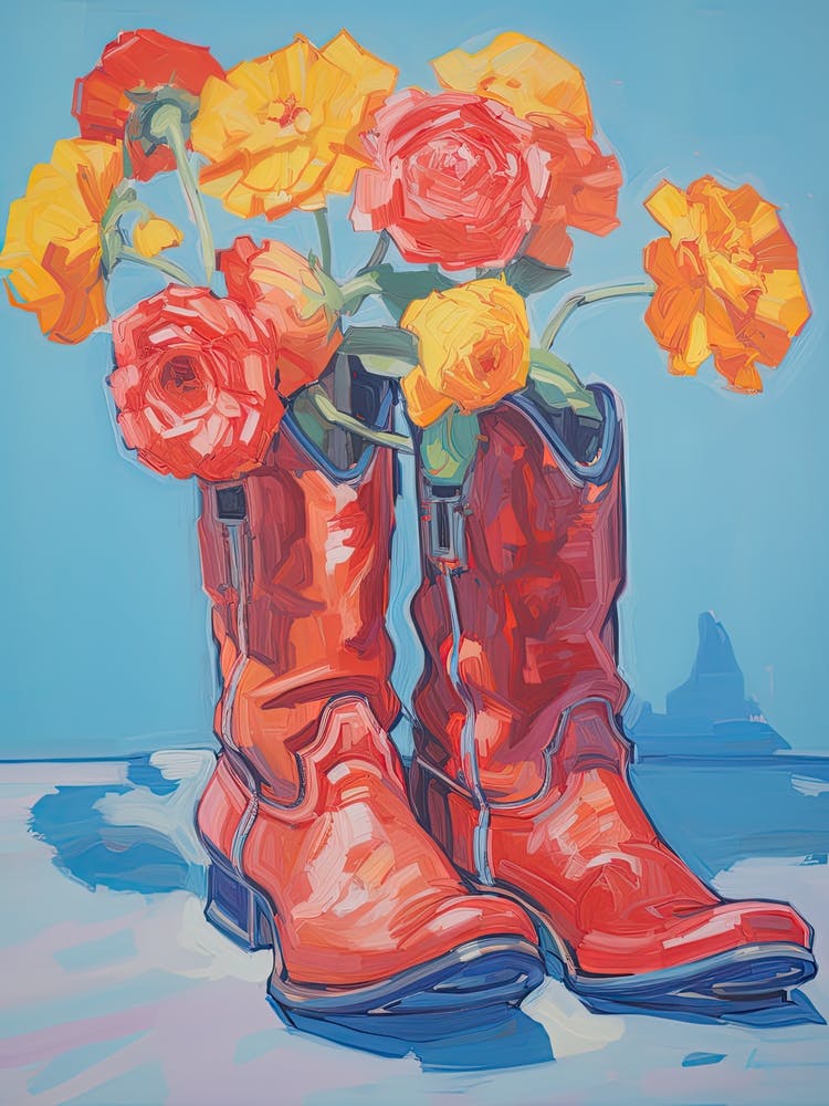 A Painting Of Cowboy Boots With Orange Flowers, Fauvist Style, Still Life 8