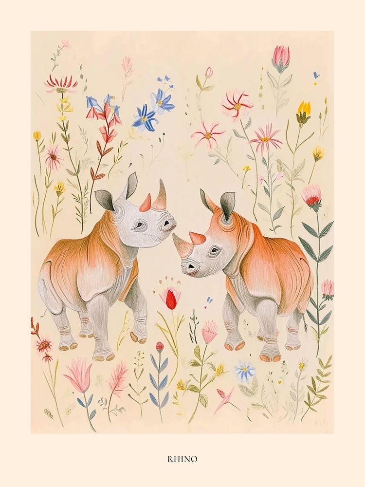 Volkstümliche Blumen Tierzeichnung Nashorn 4 Poster