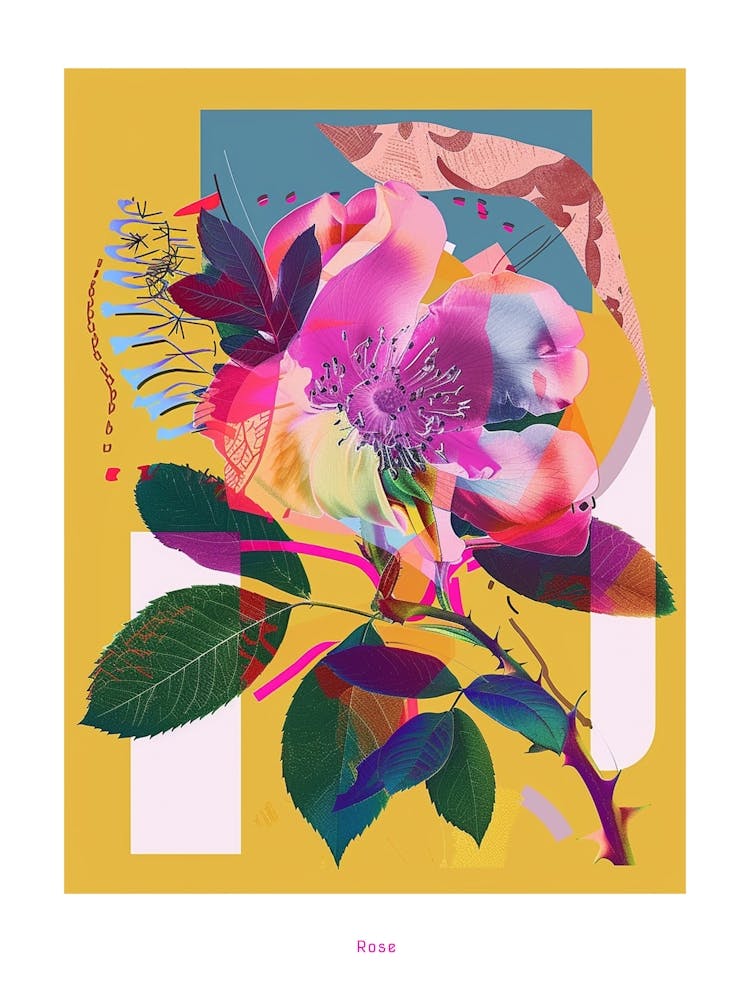 Rose 7 Neon Blumen Collage Plakat