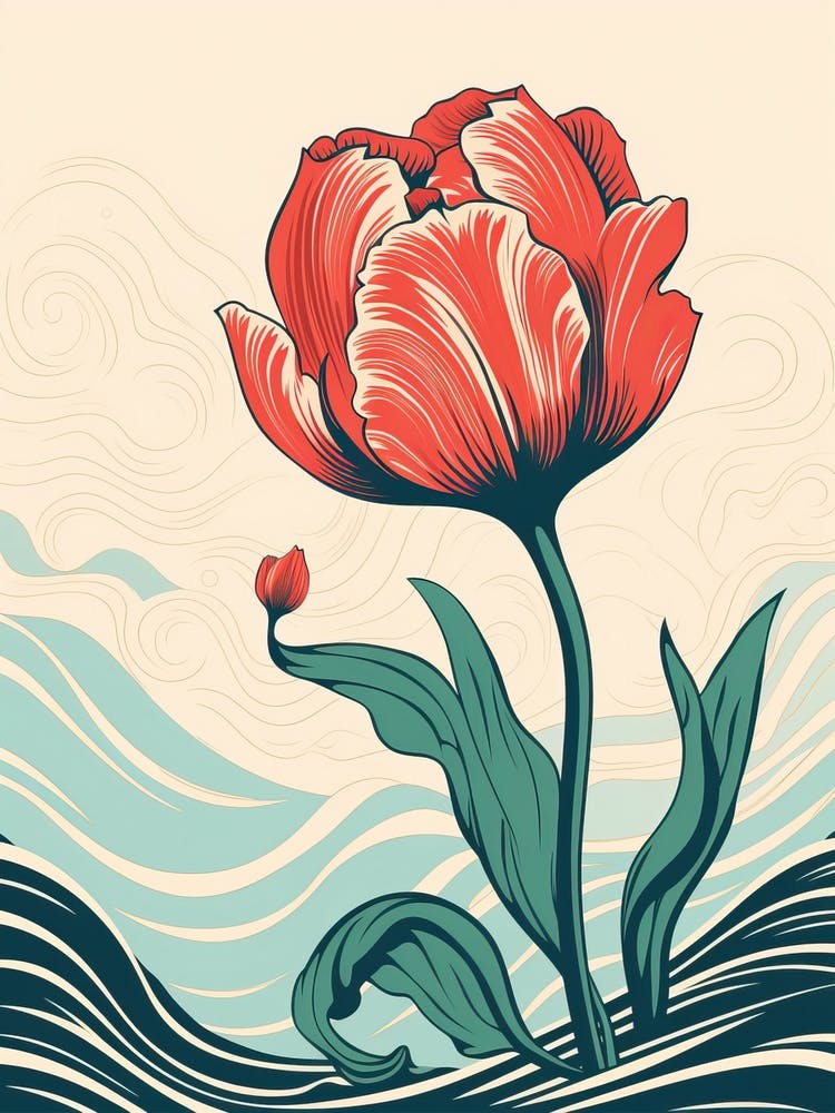 Great Wave With Tulip Flower Drawing In The Style Of Ukiyo E 3