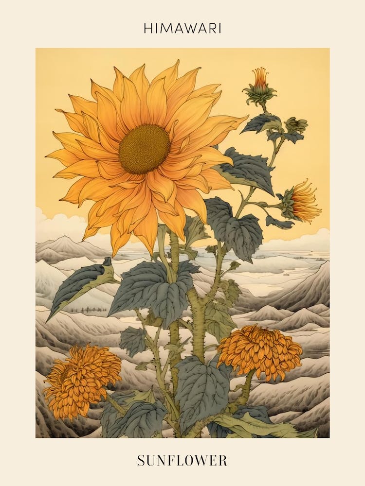 Himawari Sunflower 2 Japanese Botanical Illustration Poster