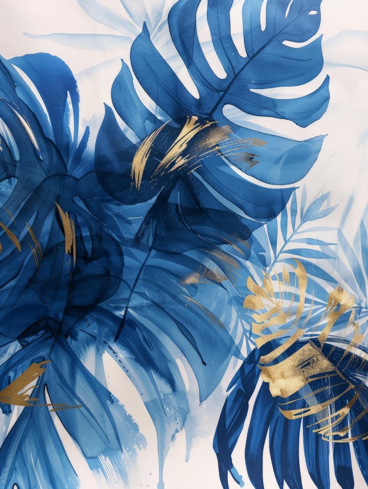 Blue And Gold Tropical Leaves