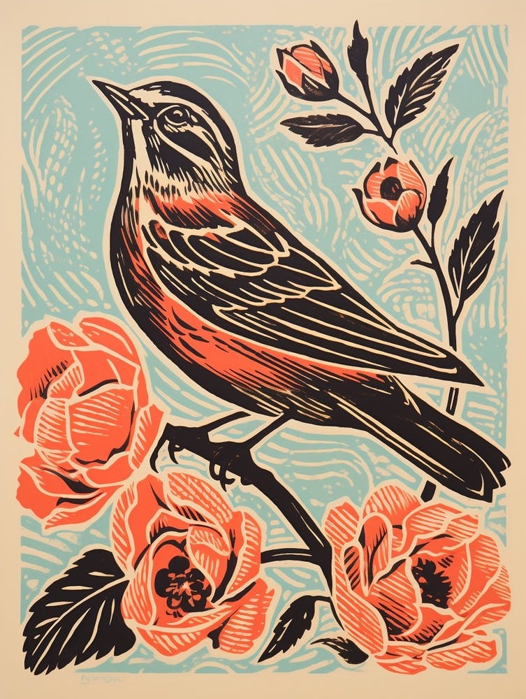 Vintage Bird Linocut Lark 2