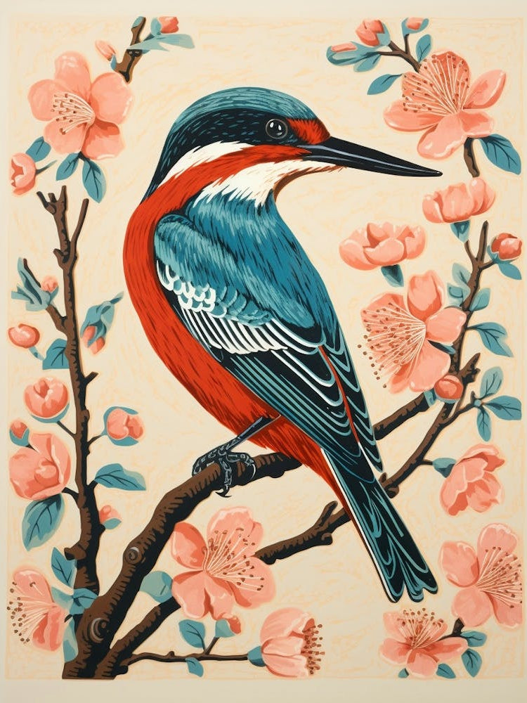 Vintage Bird Linocut Kingfisher 4