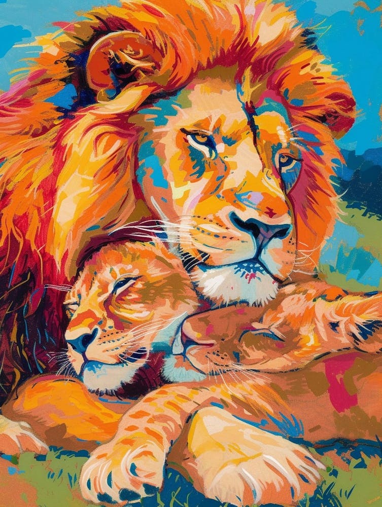 Masai Lion Family Bonding Fauvist Painting 2