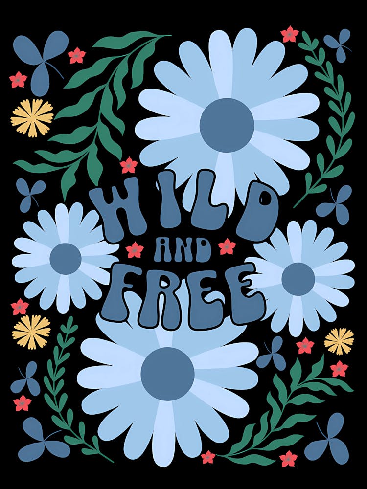 Boho retro floral art print featuring blue daisy flowers on a black background with the groovy 