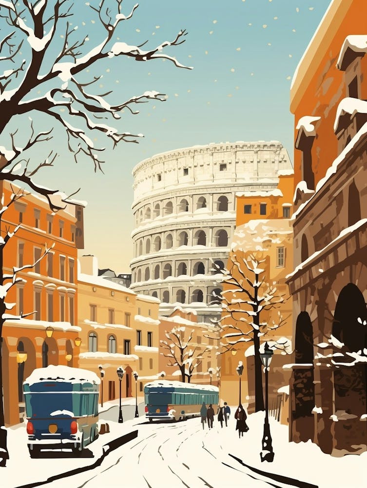Vintage Winter Travel Illustration Rome Italy 1