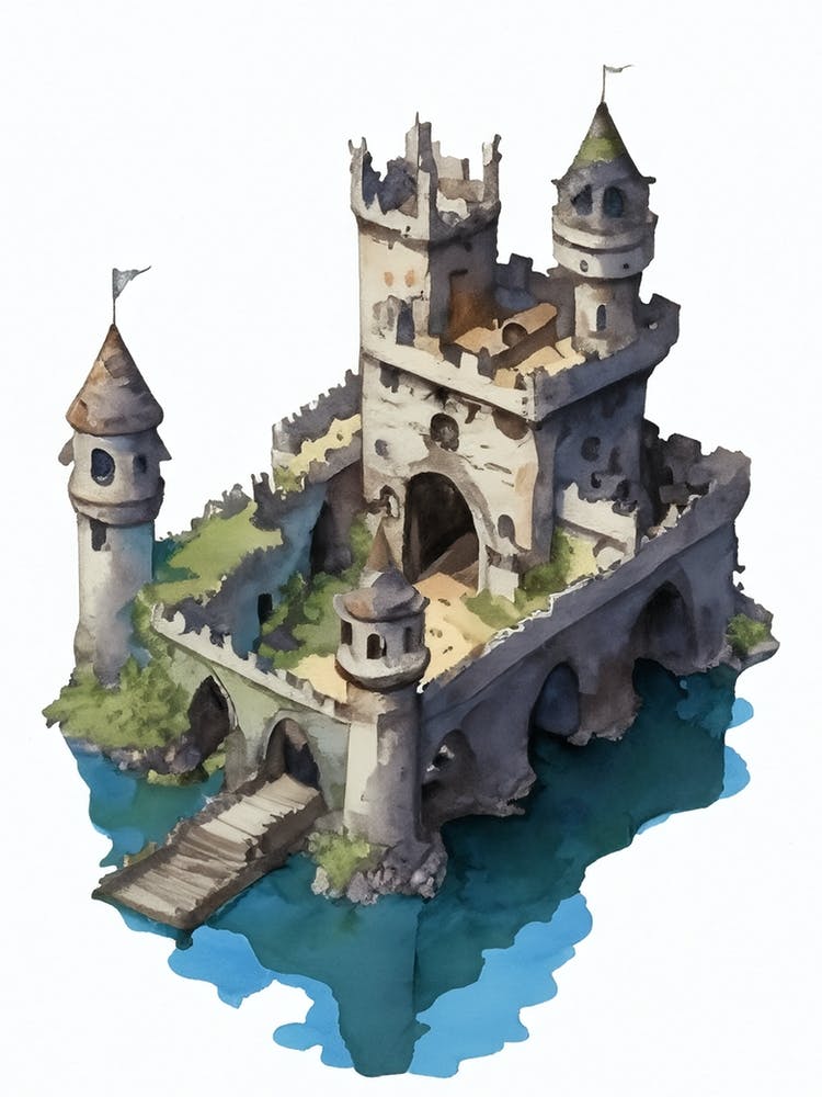 Cute Island Castle Digital Watercolor