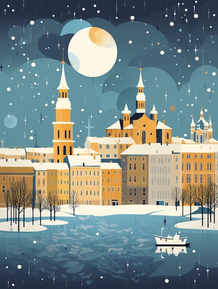 Winter Travel Night Illustration Helsinki Finland 2