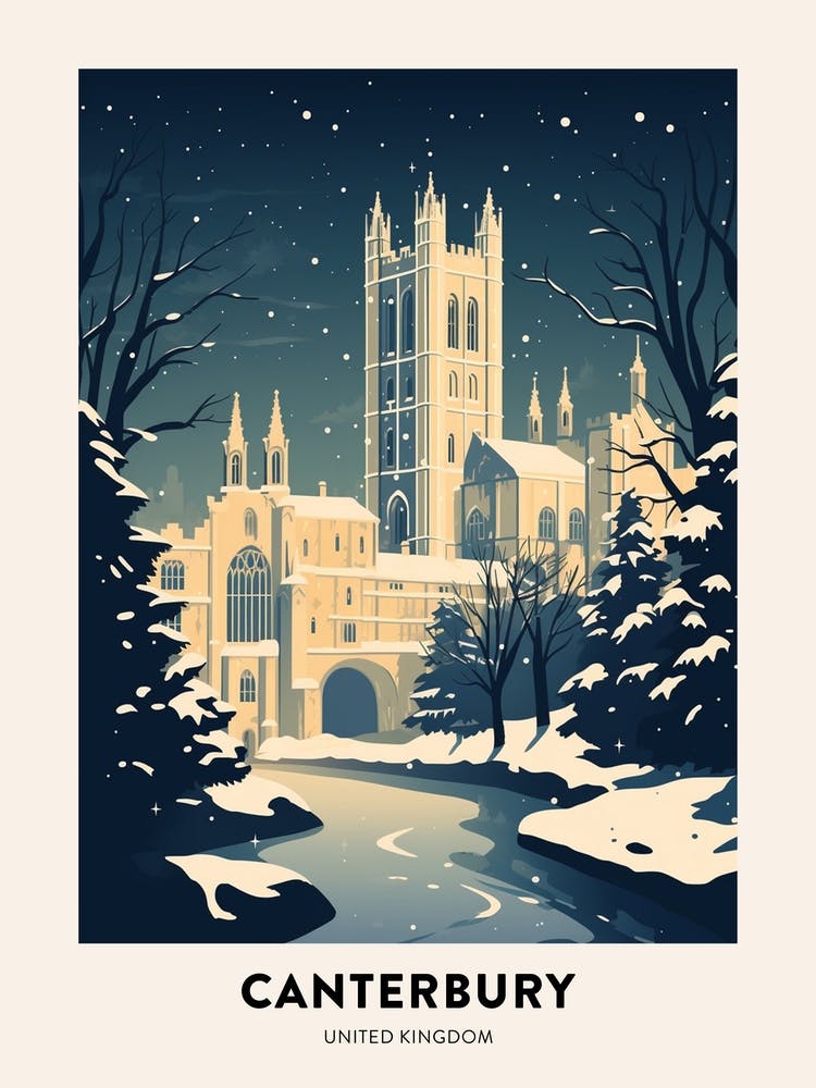 Winter Night  Travel Poster Canterbury United Kingdom 1
