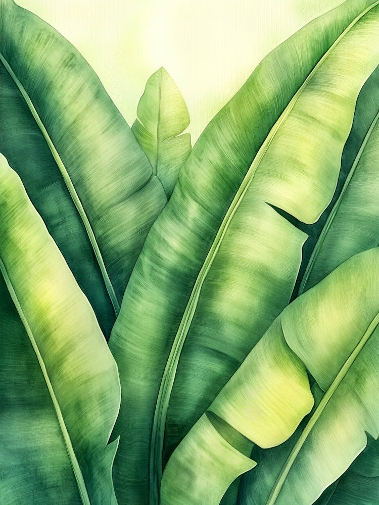Watercolor Background Of Green Banana Leaves