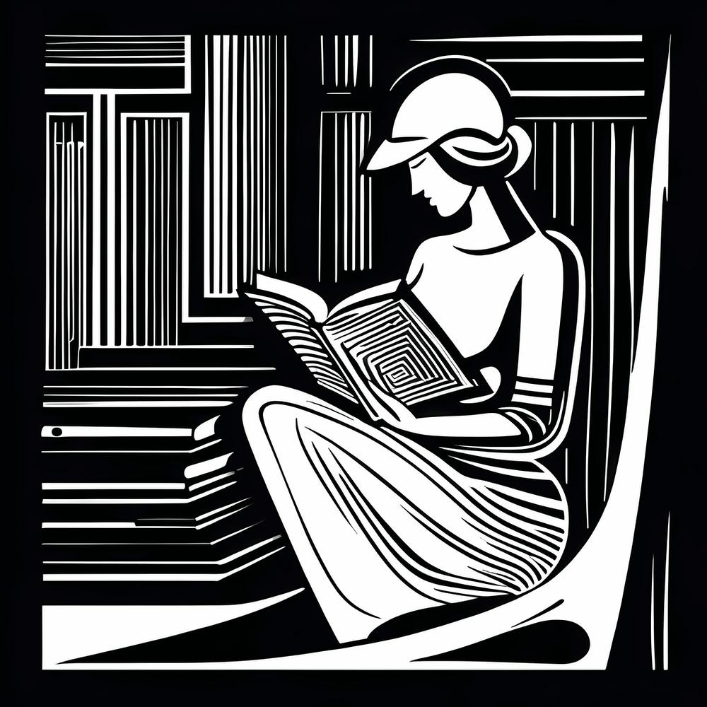 Abstract Figure Reading A Book Linocut Black And White Painting Solid White Background Hand Dra 413411330