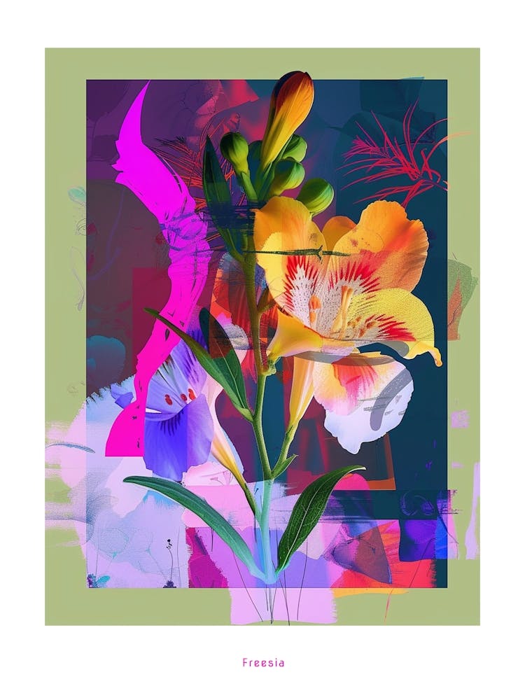 Freesia 3 Neon Flower Collage Poster