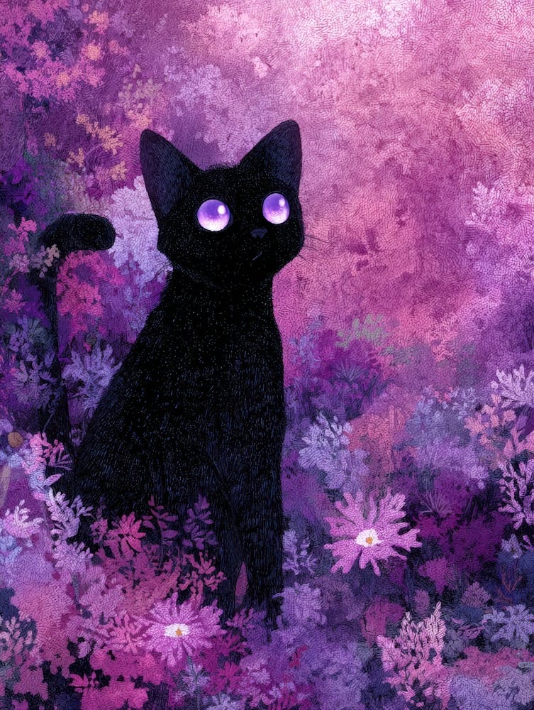 Black Cat In Purple Flowers 1