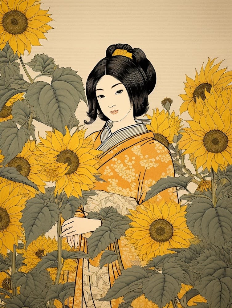 Himawari Sunflower Vintage Japanese Botanical And Geisha