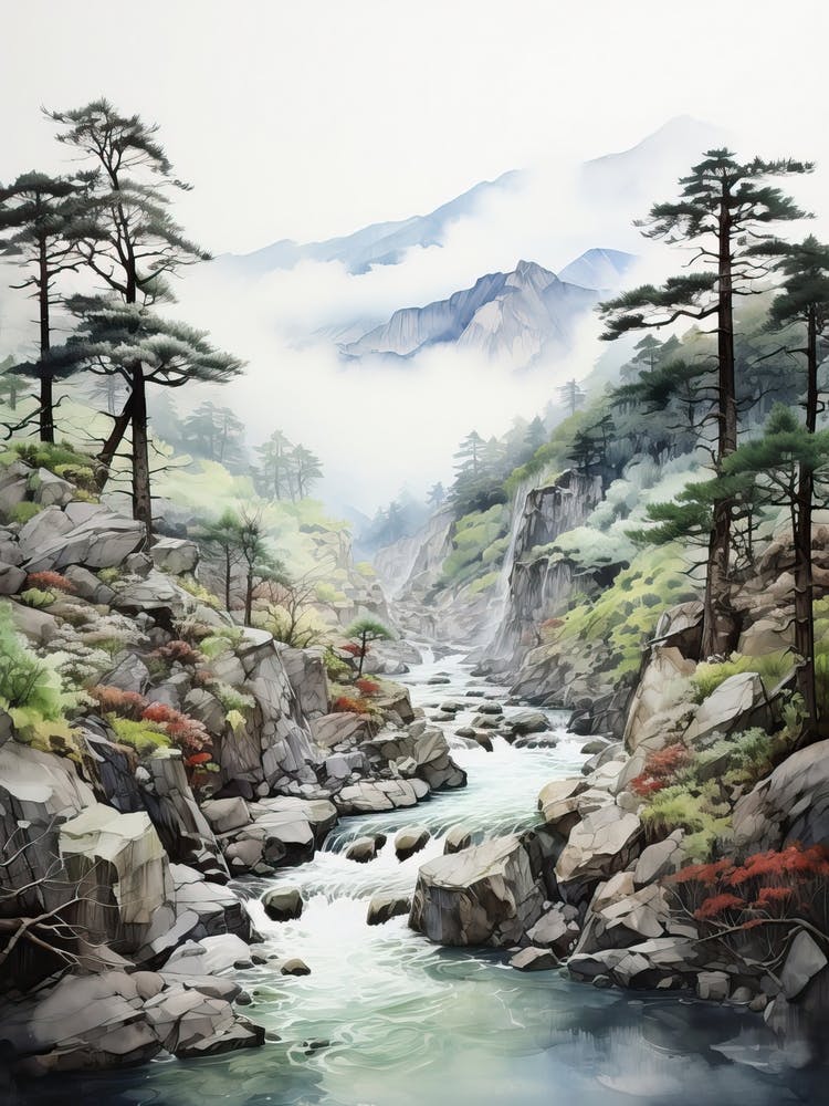 Shosenkyo Gorge In Yamanashi, Japanese Brush Painting, Ukiyo E, Minimal 2