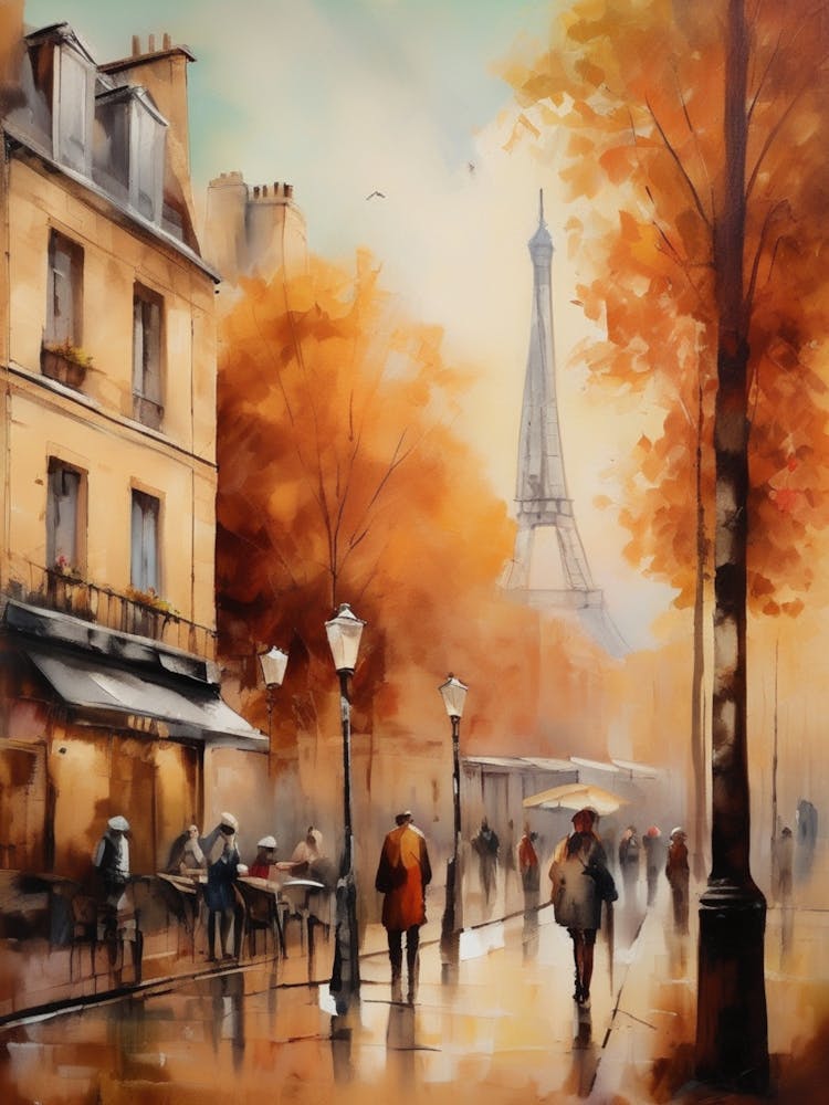 Paris city countryside, cafes, people, trees, old autumn oil paints. Faded colours.10