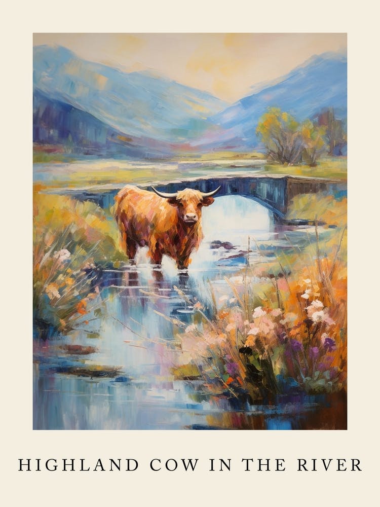 Impressionism Style Painting Of Highland Cow In The River