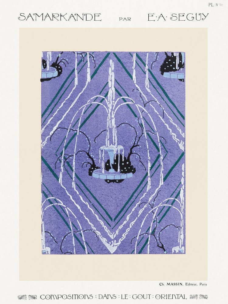 Art Deco Fountain Pattern Pochoir Print In Oriental Style, Eugène Séguy