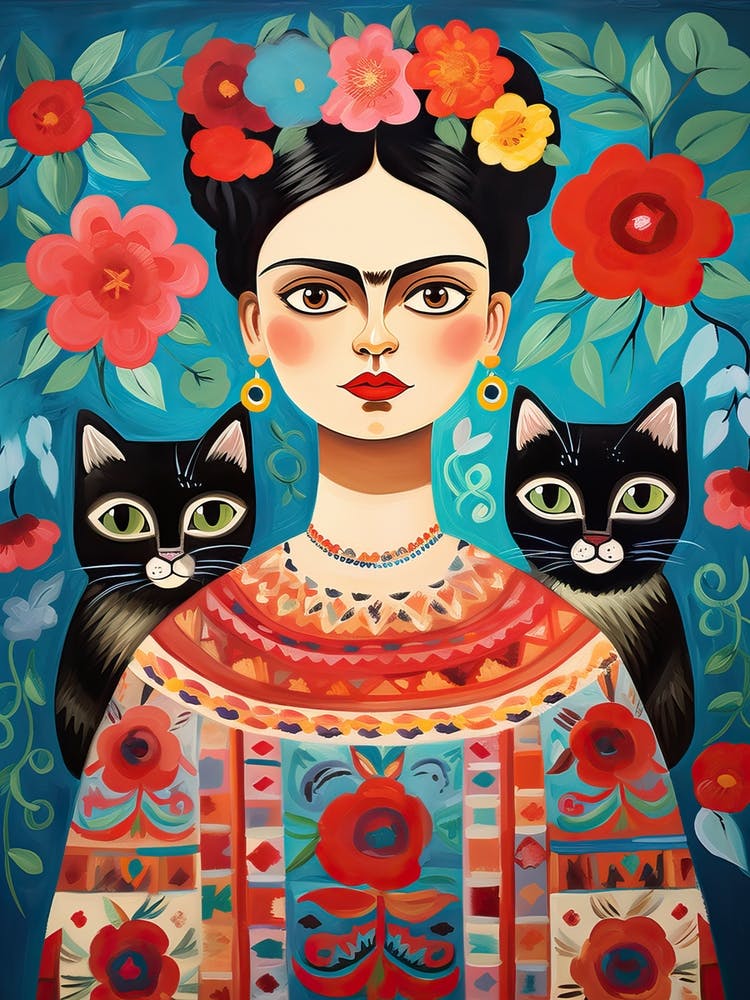 Frida Kahlo Two Cats Mexican Painting Botanical Floral