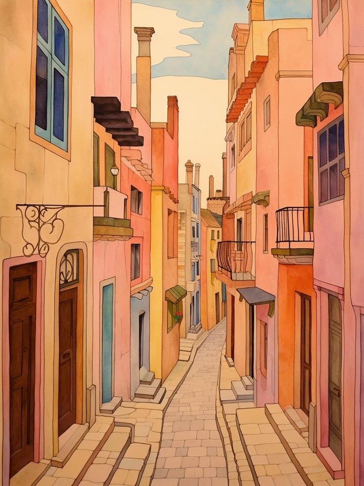 Valletta Malta 3 Vintage Pink Travel Illustration