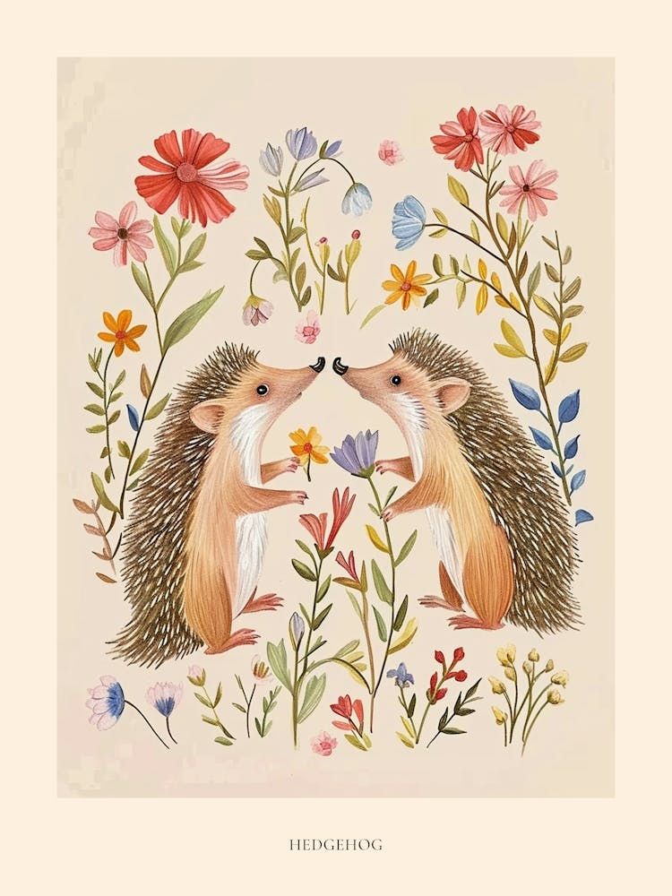 Folksy Floral Animal Drawing Hedgehog 3 Poster